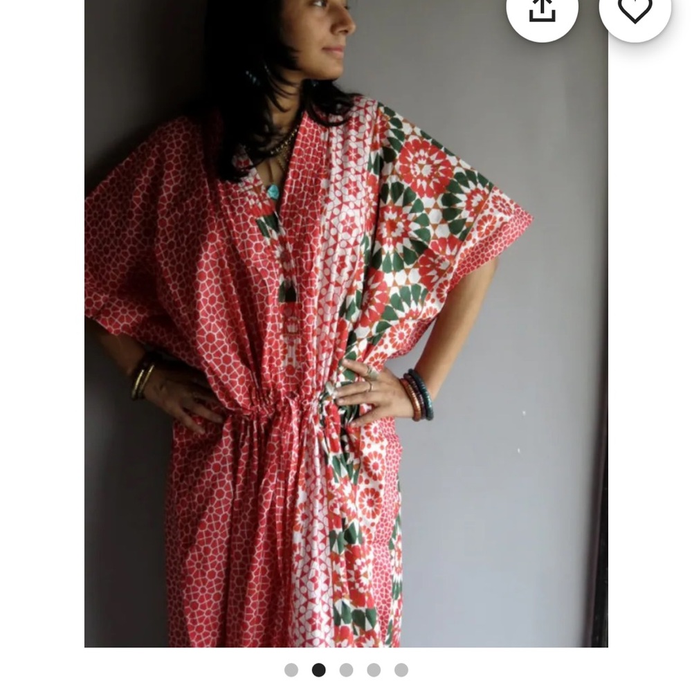 Floral Red & Green Drawstring Kaftan Robe